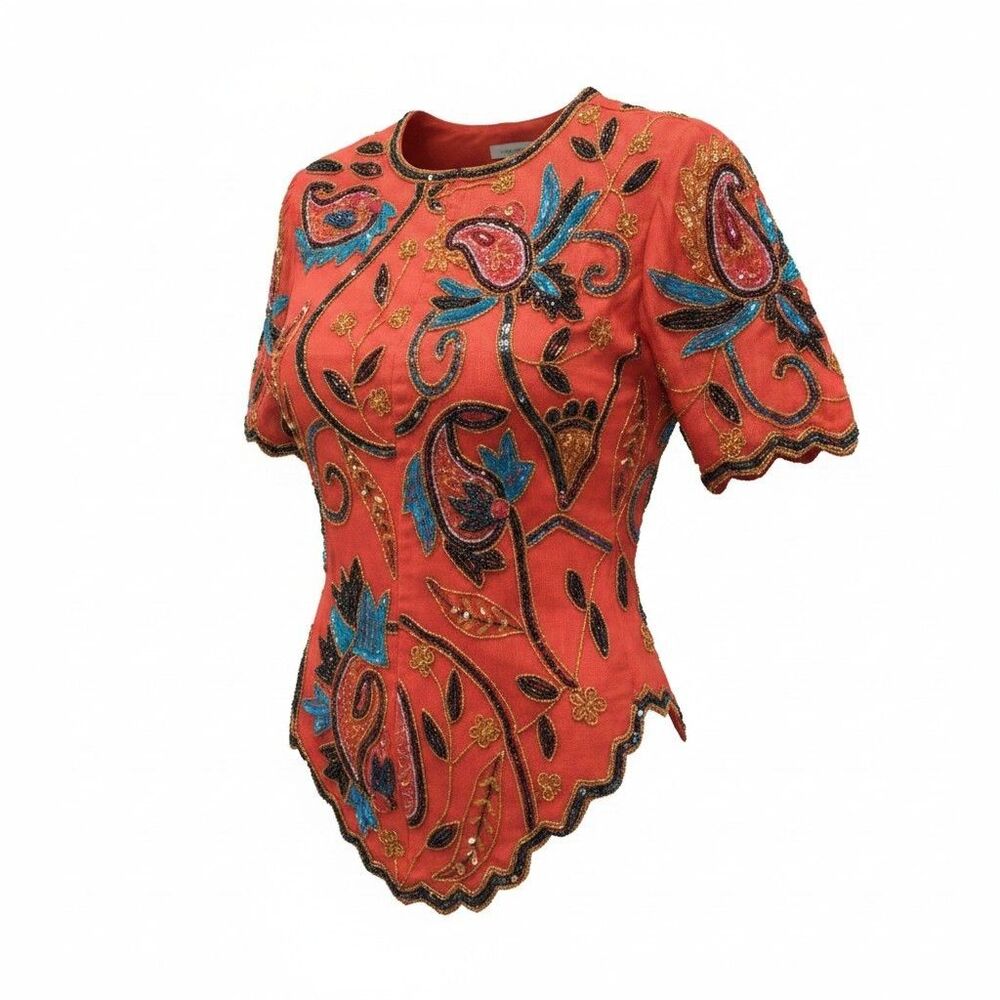 Vintage Laurence Kazar RED Silk black Blue Sequin Beaded Top Women L Floral NTW